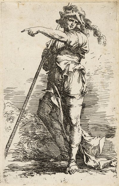 Stehender Krieger, der einen langen Stab über die Schulter hält und zeigt, ca. 1656-57 von Salvator Rosa